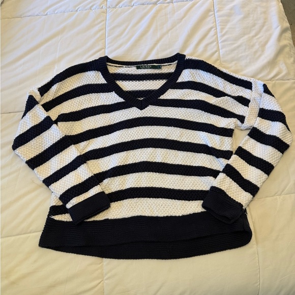 Ralph Lauren Striped V-Neck Sweater - Navy and White 100% cotton size large - Picture 5 of 5